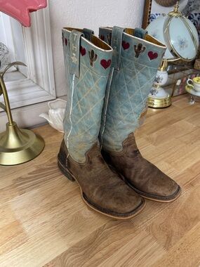 TIN HAUL I <3 CACTUS WESTERN SQUARE TOE Turquoise & Brown Boots Size 7.5